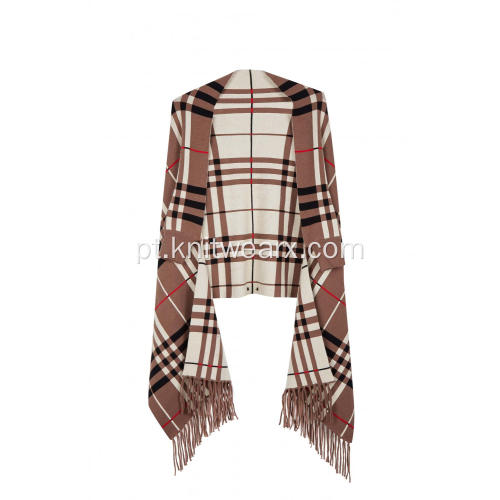 Suéter feminino Tassel Plaid Poncho Jacquard Xale